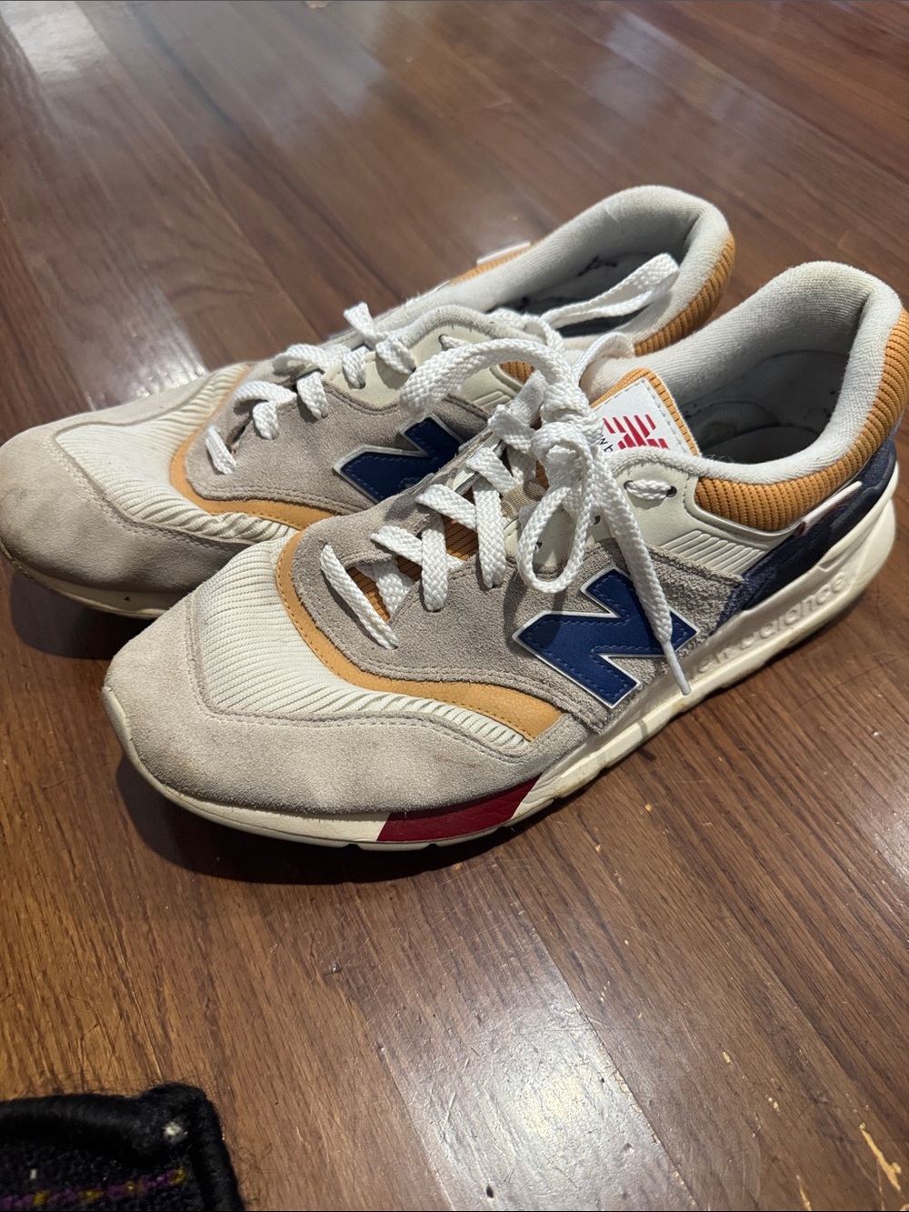 New Balance Men's Beige Suede & Navy Accent Sneakers with Tan Trim